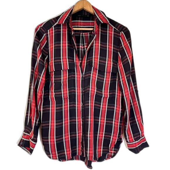 Zara Woman Red Black Plaid Button Front Shirt Two Pockets XS Oversized - Picture 1 of 7